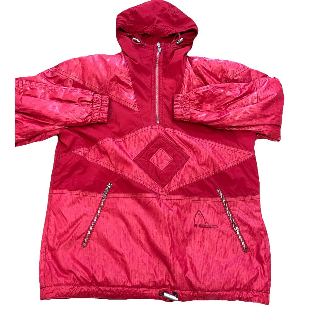 VTG 80s Red Ski Jacket Diamond Aztec Retro Hooded GORGEOUS Parka Snow Outdoor L